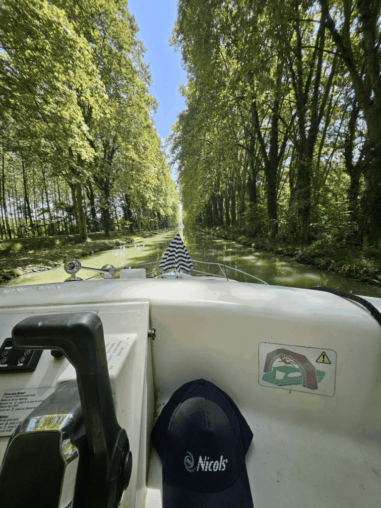 Vue depuis le poste de pilotage du SHIMA sur le canal bordé d'une allée de platanes